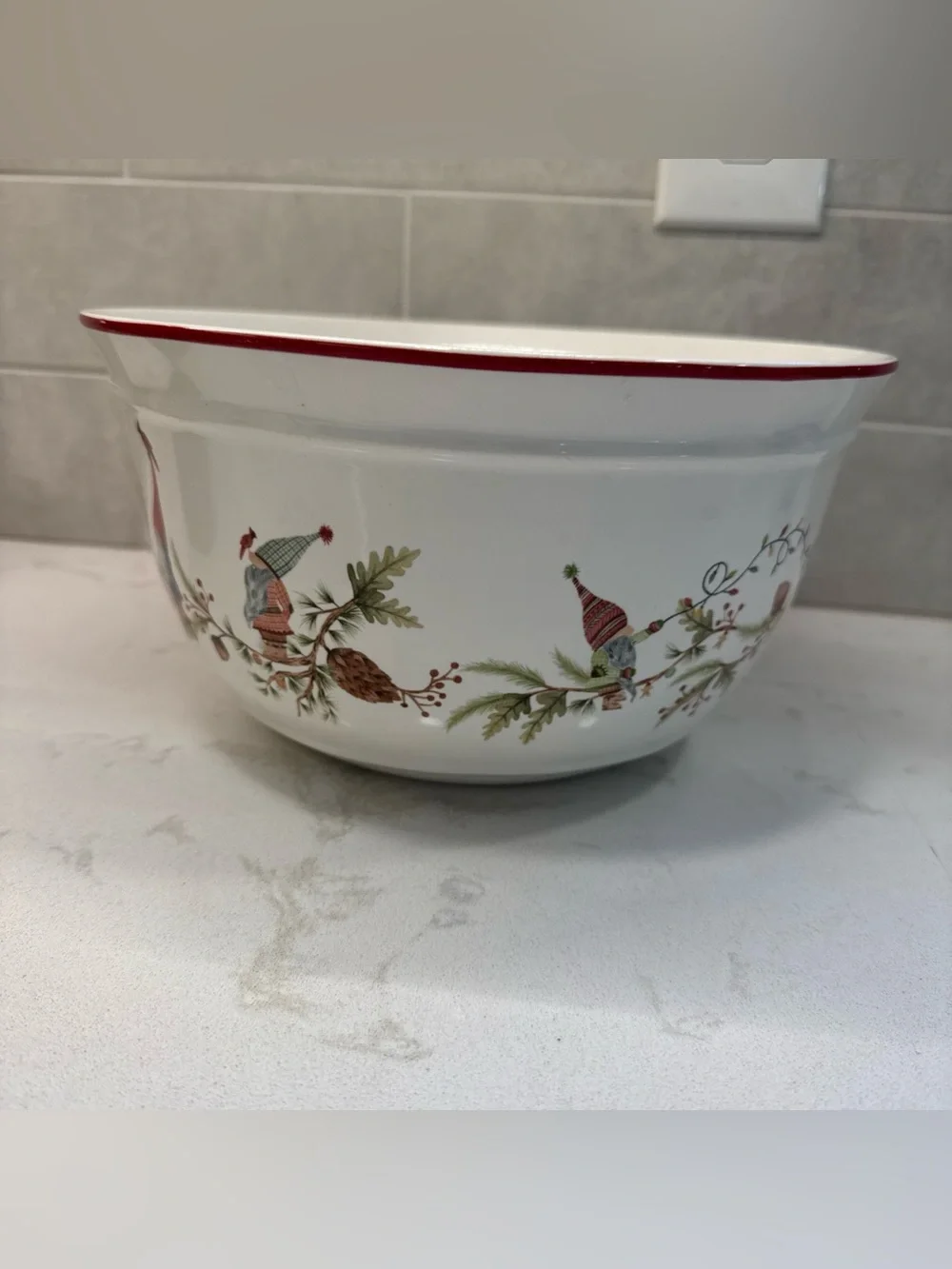 Pottery barn Festive Holiday Forest Gnome large Mixing Bowl with Red Rim